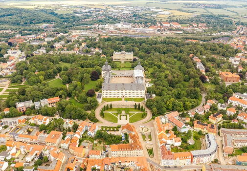 Gotha, Schloss Friedenstein, Ansicht von Norden mit Wasserkunst