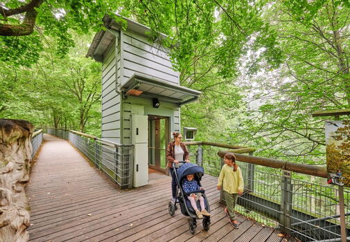 Familie vor dem Aufzug auf dem Baumkronenpfad im Nationalpark Hainich